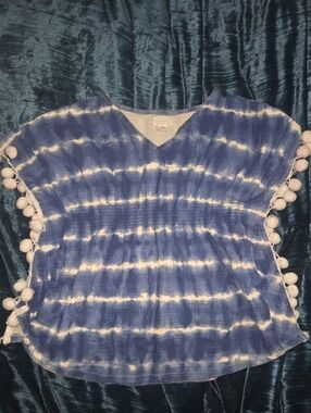Mud Pie Navy and White Tie-Dye Pom-Pom Swim Coverup